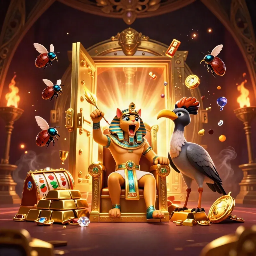 Pharaoh cat, ibis scribe, and gem-winged scarabs bursting from a gold vault in casino key art