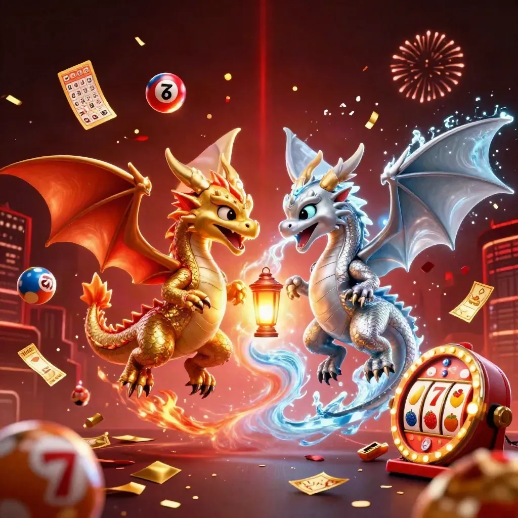 Twin gold and silver dragons with a lantern spirit amid casino reels, jackpots and fireworks.