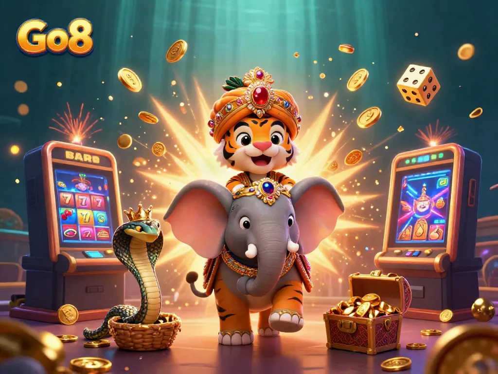 Experience the excitement of Go8 with a vibrant casino scene filled with treasures and surprises.