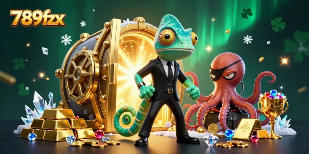 Experience the excitement of 789fzx with colorful casino characters and treasures in a vibrant 3D illustration.