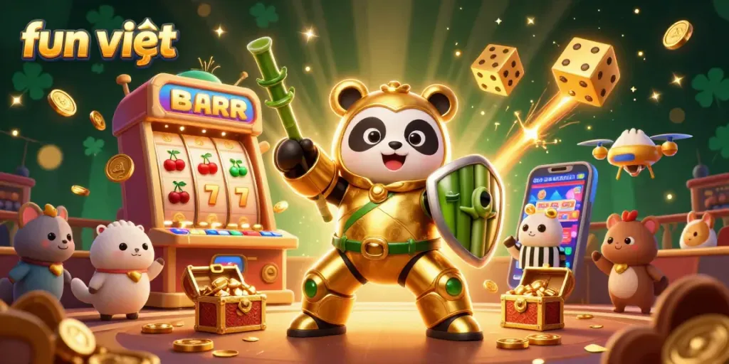 Experience fun việt in this vibrant 3D casino illustration showcasing a golden panda mech.