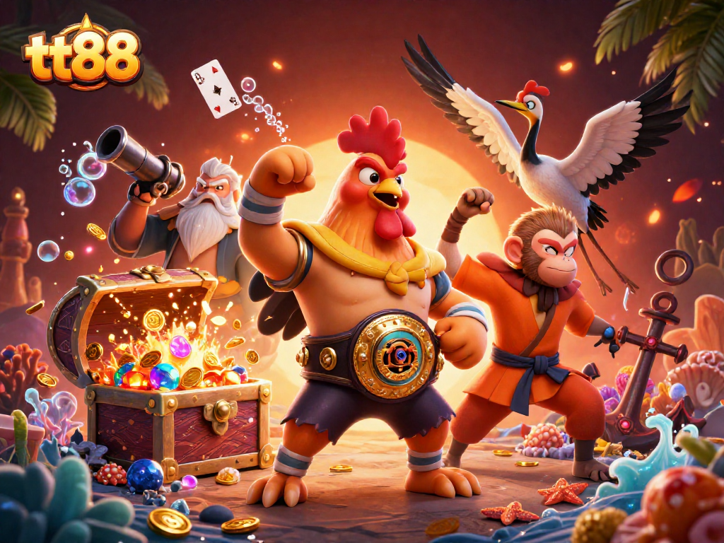 Experience vibrant action with tt88 in this colorful scene of a rooster, monkey, and crane amidst gaming treasures.