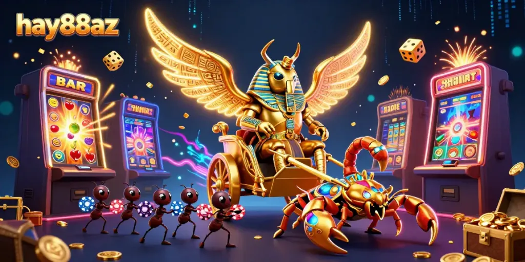 Experience excitement with hay88az as a golden scarab beetle leads a vibrant casino adventure.