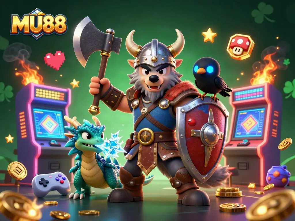 Join the excitement at MU88, where a Viking wolf warrior battles alongside a fierce dragon in a thriving arcade.