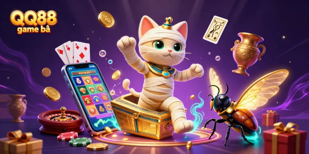 Experience thrilling adventures with QQ88 game bài as a mummy cat emerges amidst vibrant casino chaos.