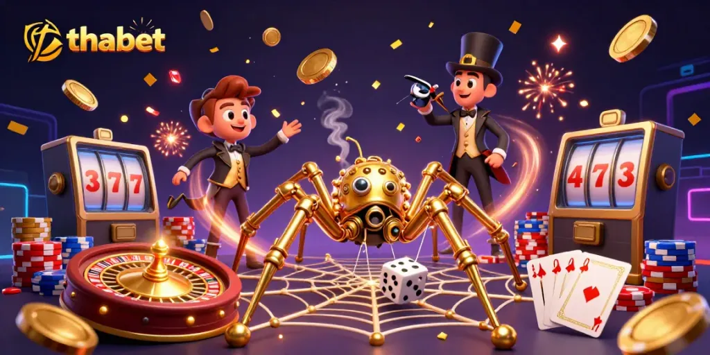 Experience excitement at thabet with animated steampunk characters in a lively casino scene.