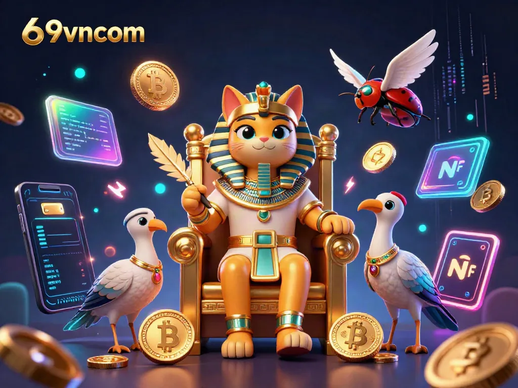 Engage in exciting online games with 69vncom featuring a cartoon Egyptian pharaoh cat and crypto elements.
