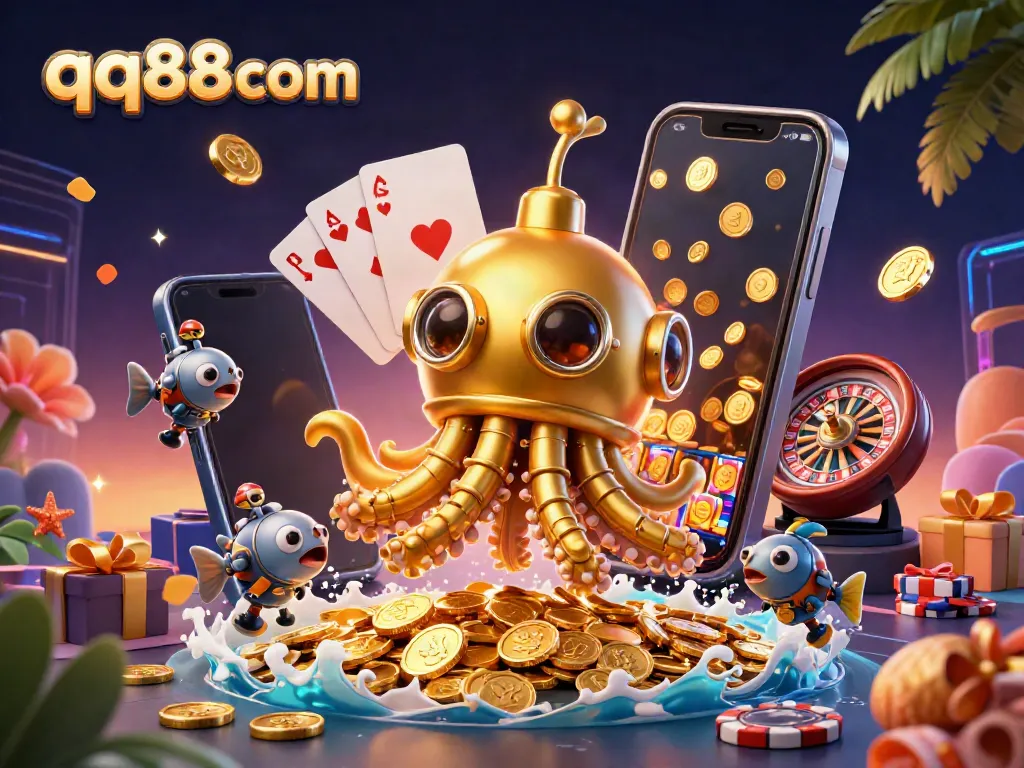 Experience the thrill of qq88 com with a whimsical golden kraken submarine amidst gold coins, slot games, and vibrant casino elements.