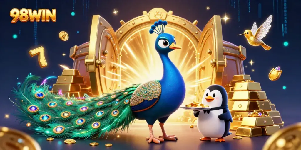 Experience the excitement of 98WIN with a vibrant casino scene showcasing a peacock, penguin, and gems.