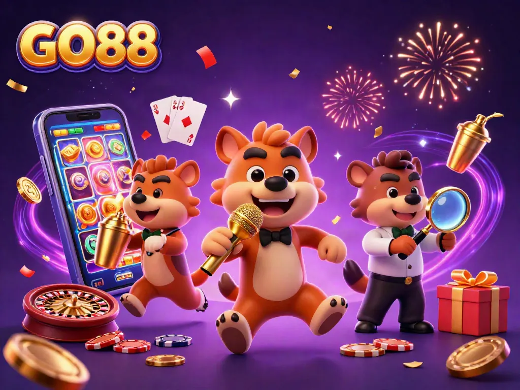 Experience GO88's vibrant casino scene with hyenas enjoying slots, poker, and fun!