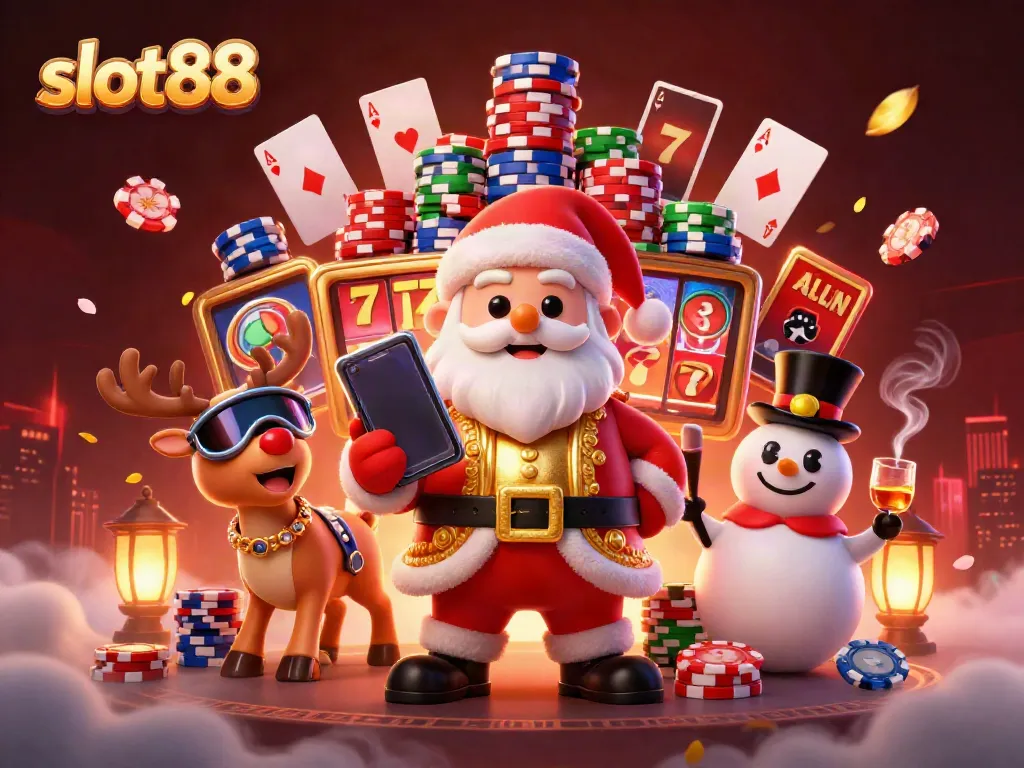 Experience the excitement of slot88 with a festive casino scene featuring Santa and friends.