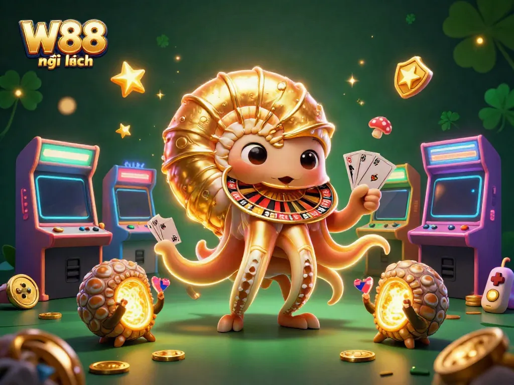 Experience W88 mới nhất in vibrant 3D casino action with dynamic gaming elements and glowing characters.