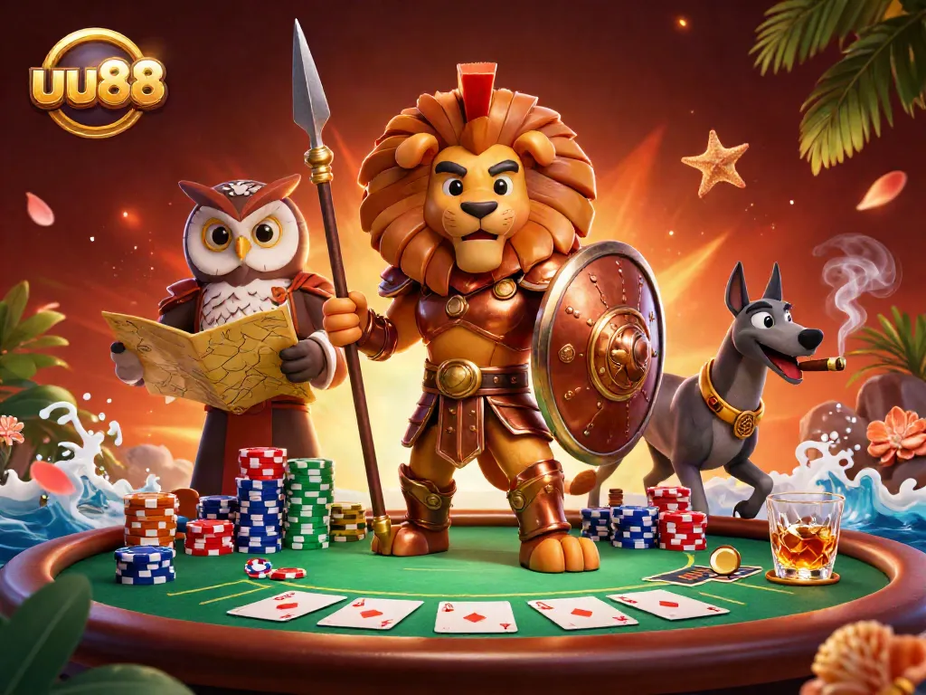 Engage in thrilling poker play at uu88 with our vibrant 3D depiction of casino action.