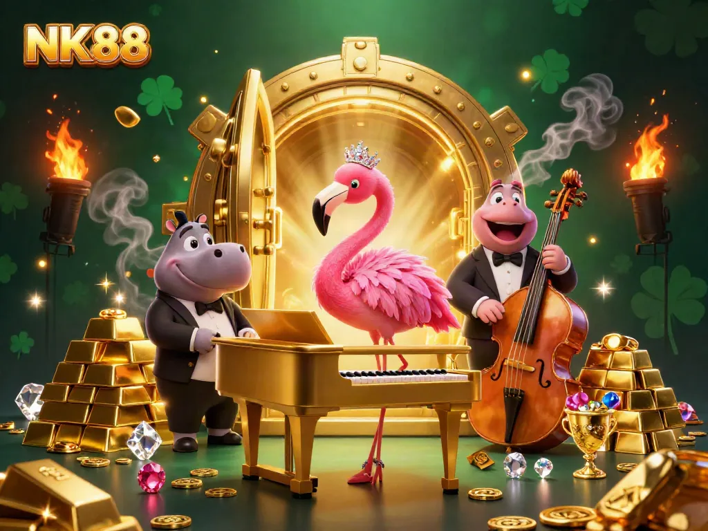 Experience thrilling gaming at NK88 with vibrant casino characters and dazzling treasures.