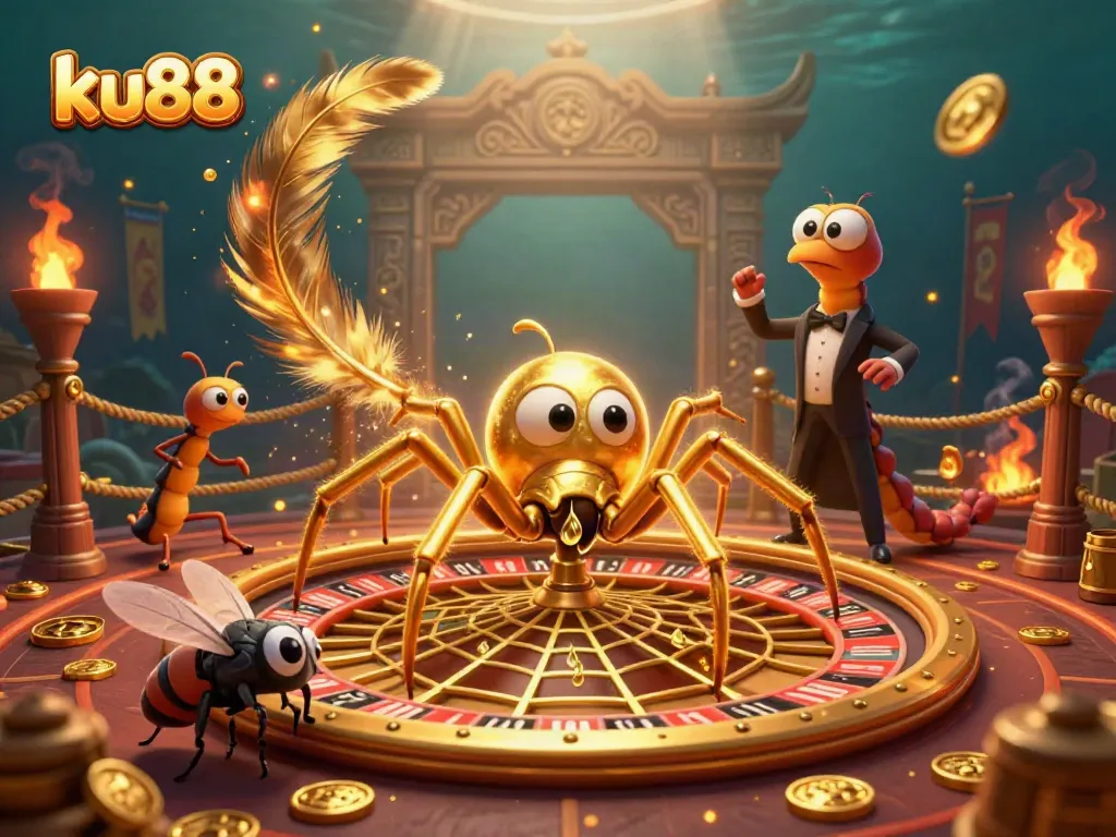 ku88 showcases a golden spider and centipede in an energetic casino scene.