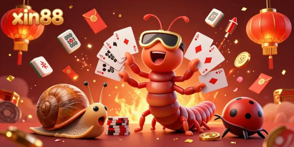 Engage with xin88's thrilling 3D casino atmosphere featuring a millipede dealer, high-roller snail, and dynamic gaming elements.