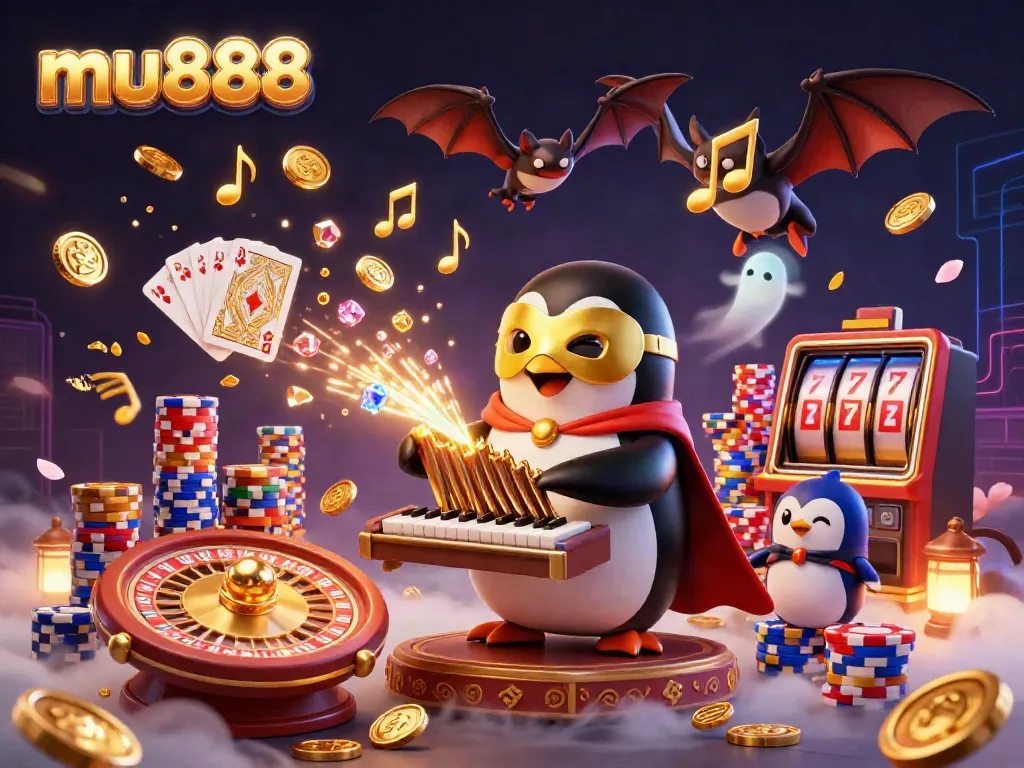 Experience exciting gameplay at mu888 with an engaging 3D illustration featuring a penguin playing an organ shooting coins.