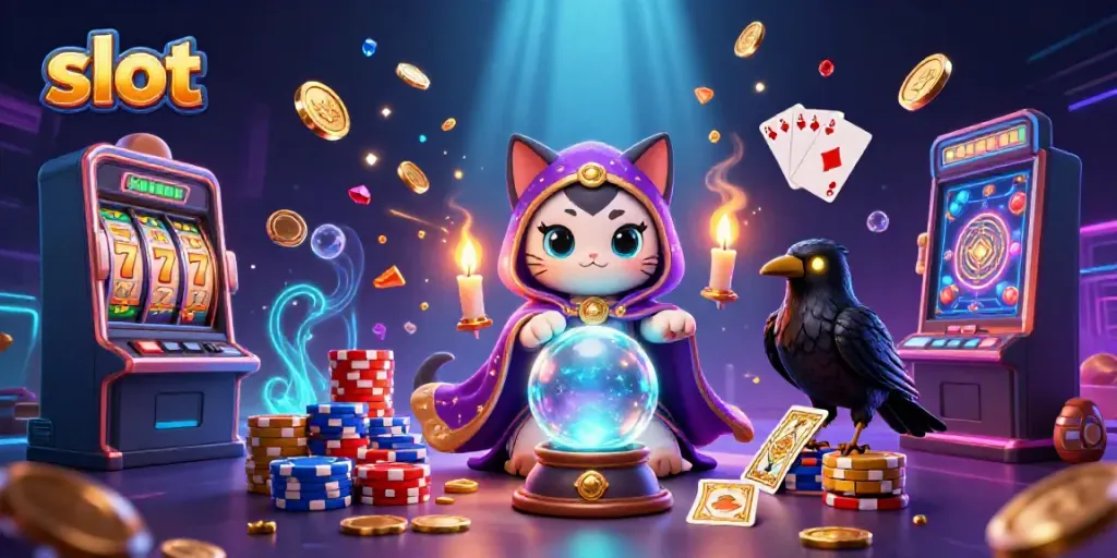 Slot mesin yang penuh dengan koin emas dan simbol keberuntungan, mengundang pemain untuk meraih jackpot.