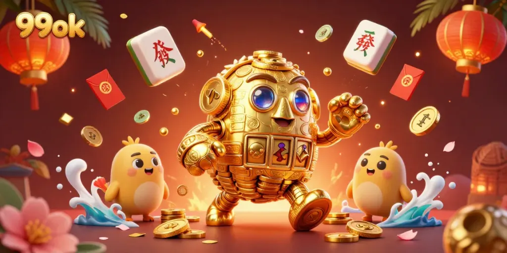 Experience the vibrant world of 99ok, where a golden golem and gambling symbols come to life.