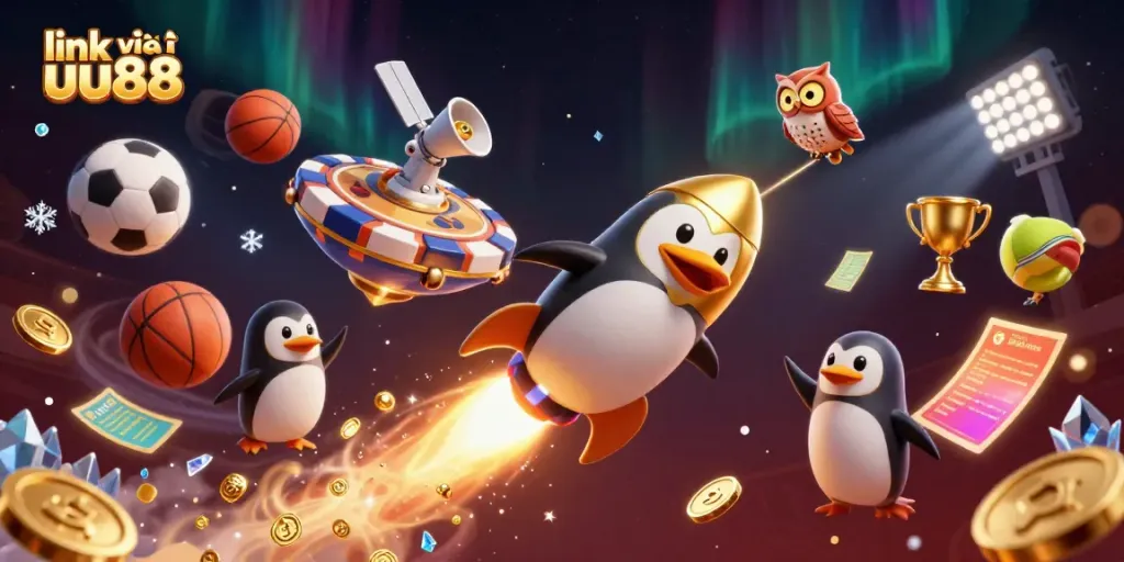 Experience the excitement of link vào uu88 with a vibrant casino adventure featuring a golden penguin and dynamic sports elements.