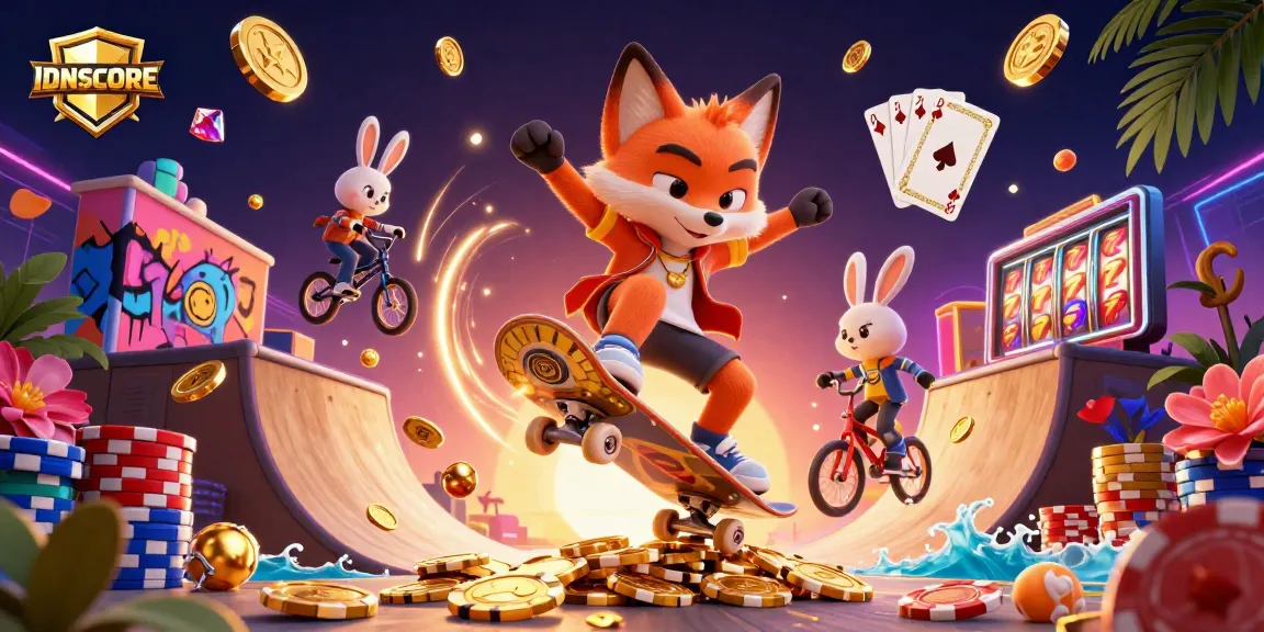 Join the excitement at IDNSCORE with dynamic casino-themed characters and vibrant game elements.
