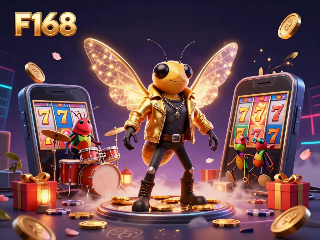 Experience F168's dynamic slot gameplay with a cicada rock star and vibrant casino elements.