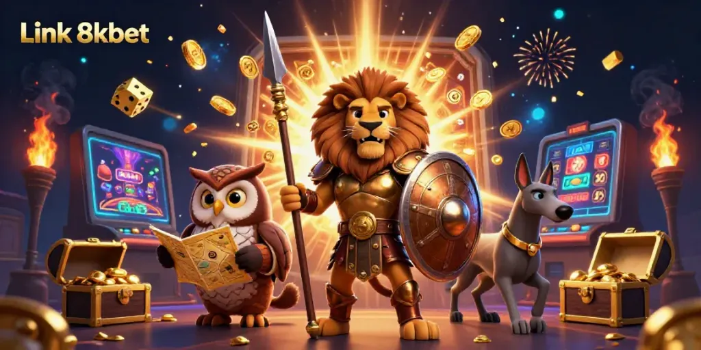 Experience the excitement of Link 8kbet with a vibrant casino scene illustrated in stunning 3D.