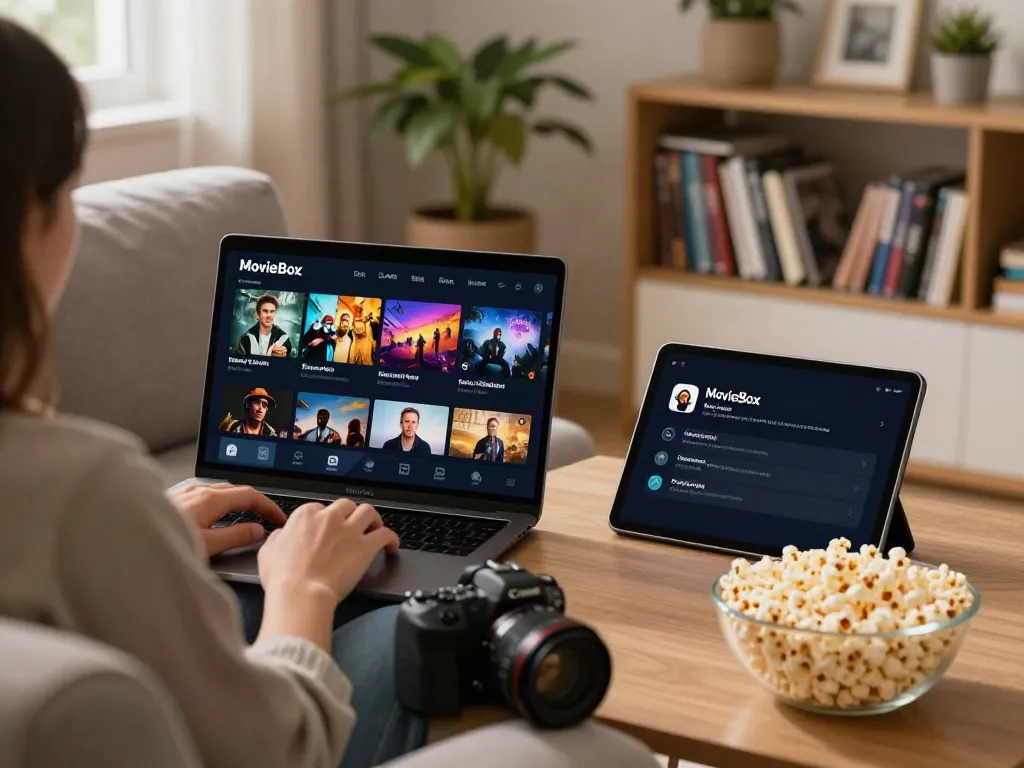 Cozy home user enjoying movie box all version streaming on laptop with tablet and popcorn.