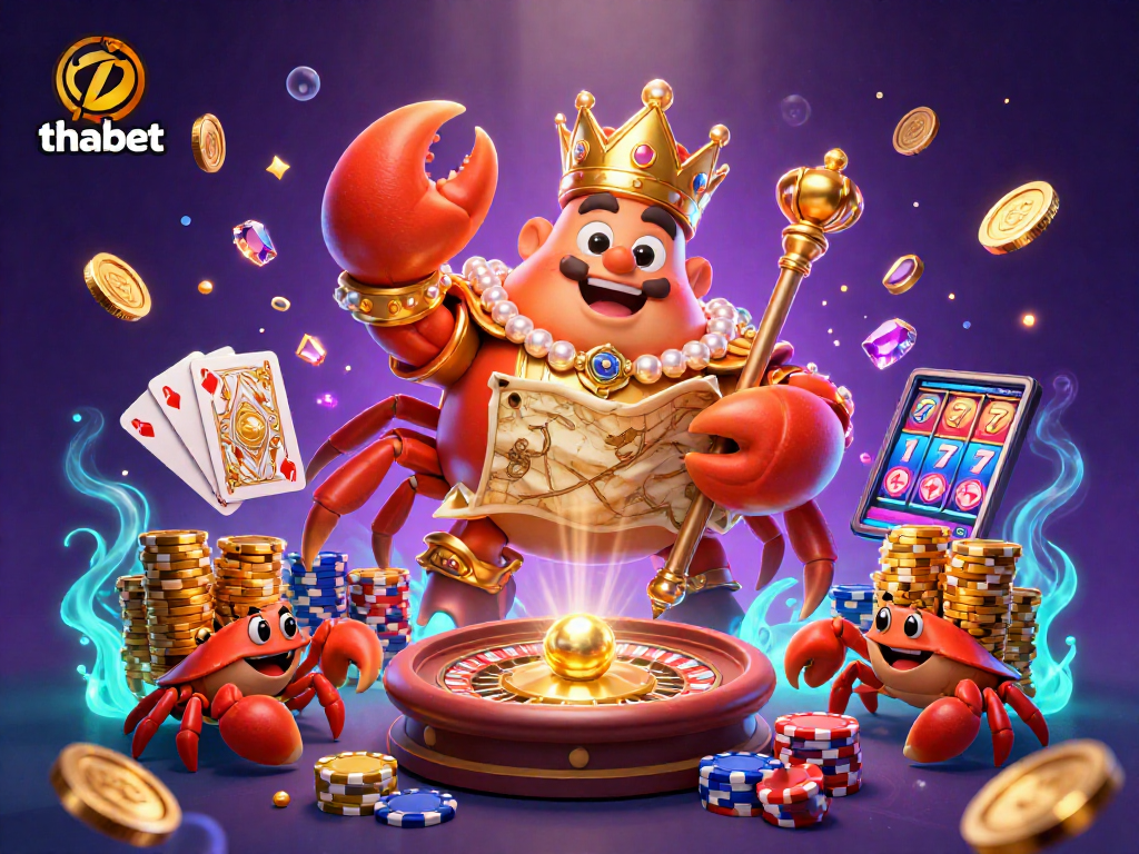 Engage with thabet's golden crab emperor amidst vibrant casino elements and dazzling treasures.