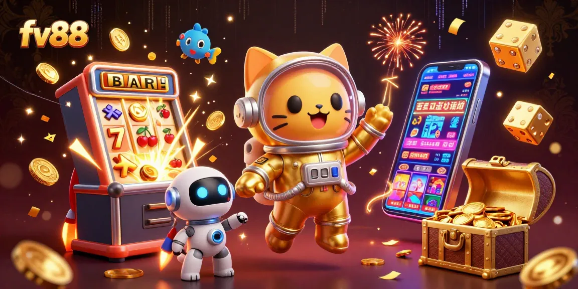 Experience jackpot thrill at fv88 with a magical space adventure, featuring a cat astronaut and alien fish.