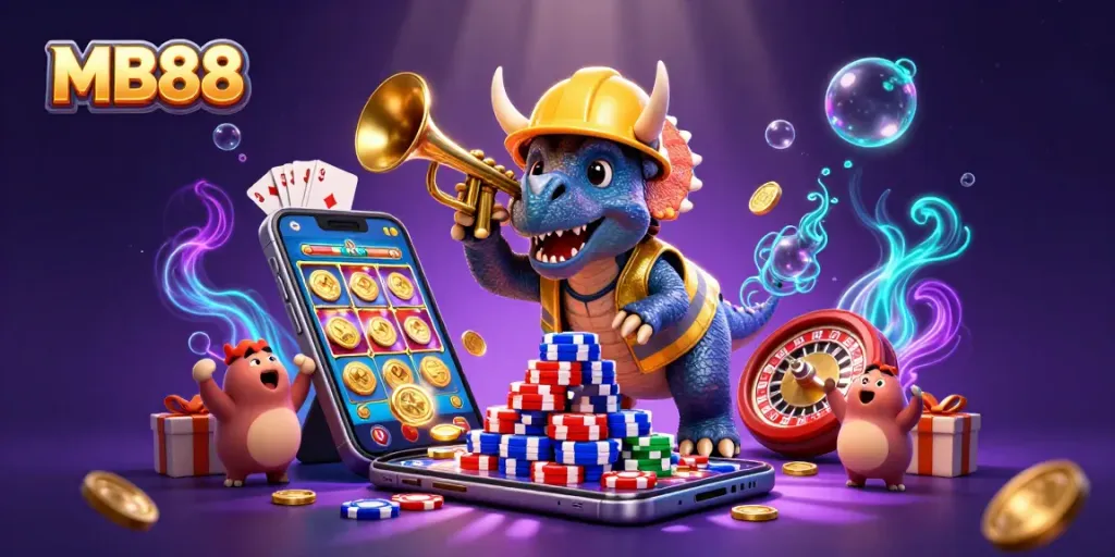 Experience the vibrant gaming world at MB88, where colorful slots and poker chip pyramids come to life.