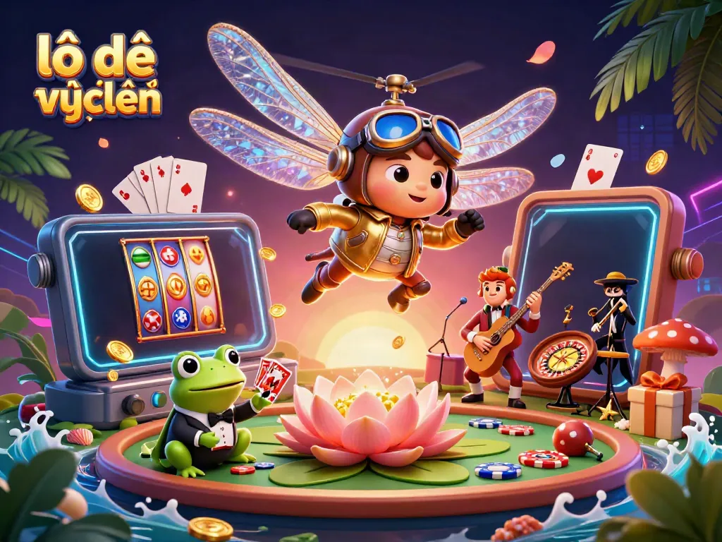 Engaging scene of lô đề trực tuyến with dragonfly pilot and frog croupier amidst vibrant casino elements.