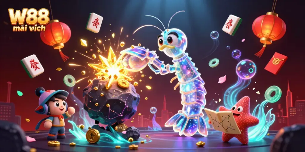 Experience W88 mới nhất with a vibrant 3D cartoon scene full of gaming elements and excitement.