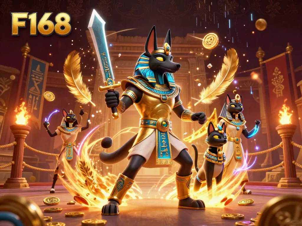 Experience F168's thrilling atmosphere with Anubis and Bastet amid a vibrant ancient Egyptian casino fight.