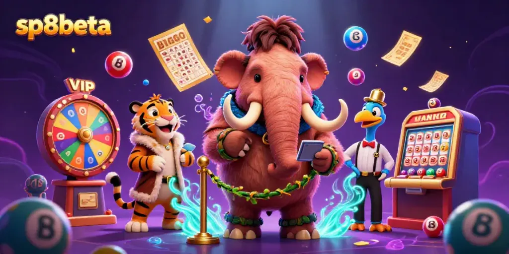 Experience sp8beta excitement with vibrant 3D casino characters amidst lottery and bingo elements.
