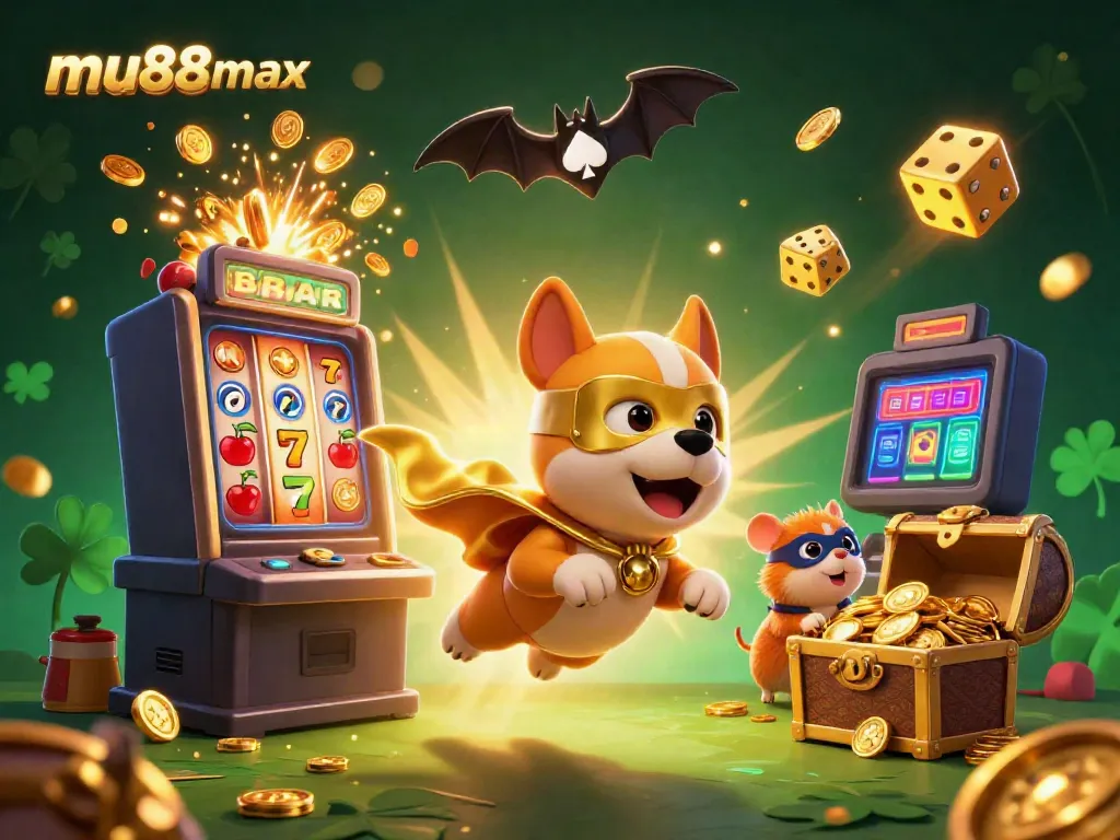 Experience exciting wins at mu88max with a thrilling casino-themed illustration featuring casino games and gold coins.