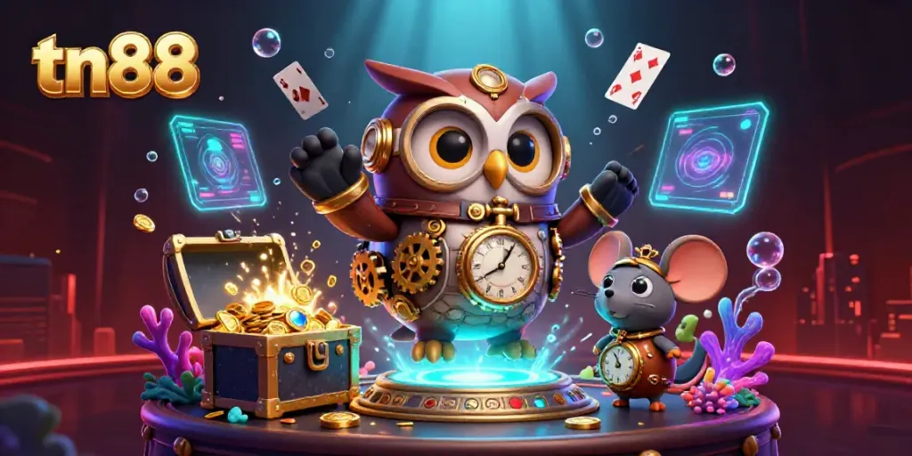 Experience winning thrills at tn88 with animated characters and casino treasures in a vibrant 3D scene.