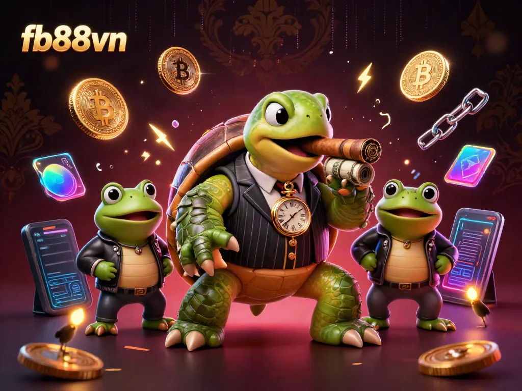 Experience thrilling gaming at fb88vn with a vibrant 3D turtle and frog characters surrounded by crypto coins.