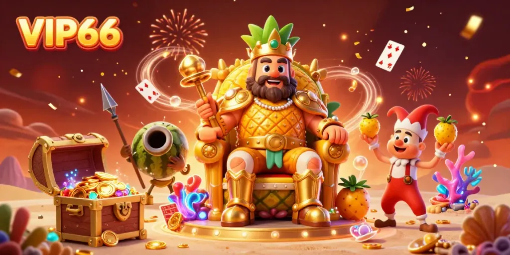 Experience VIP66's vibrant beach casino with golden gaming elements, a pineapp[le king, and colorful celebrations.