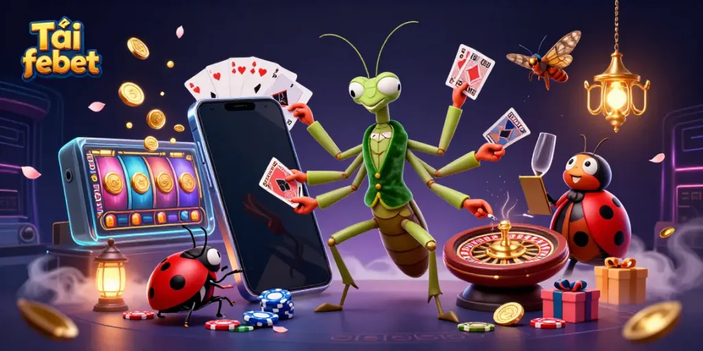 Tải febet offers thrilling online casino games featuring a giant praying mantis dealer and colorful slot games.