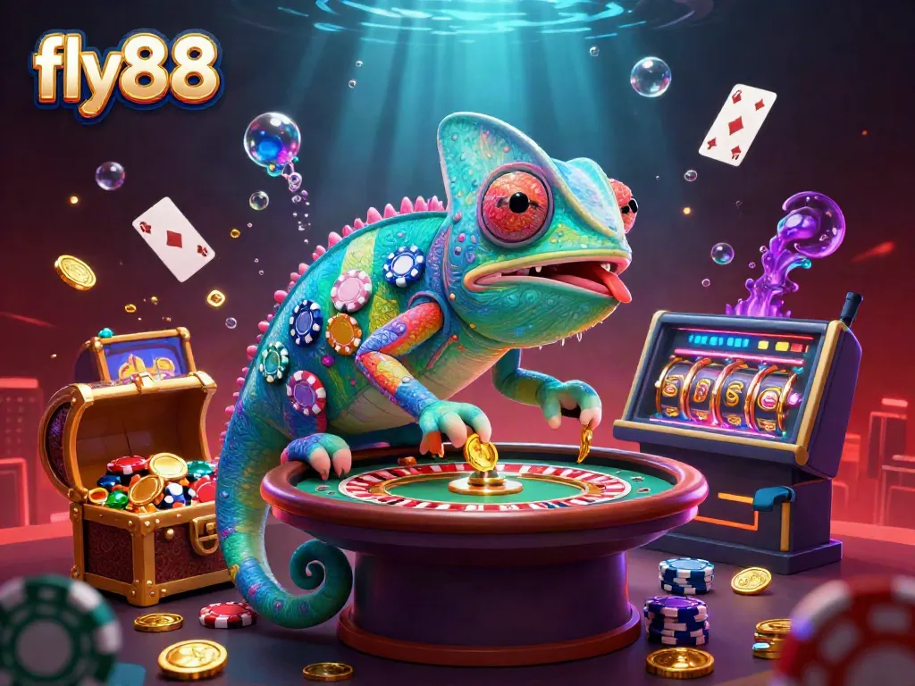 Engage with the fly88 chameleon casino owner capturing gold coins in a vibrant gaming environment.