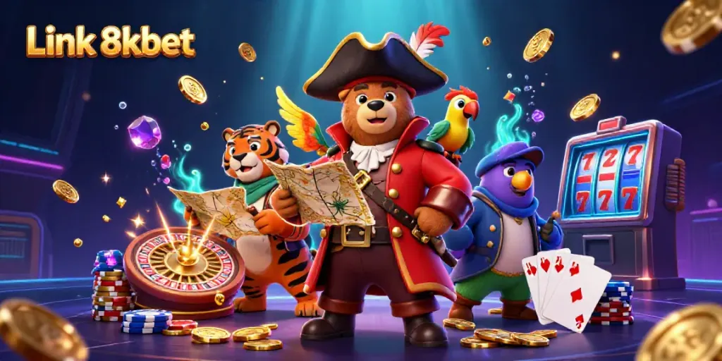 Experience the excitement of gaming with Link 8kbet featuring lively casino elements and vibrant characters.
