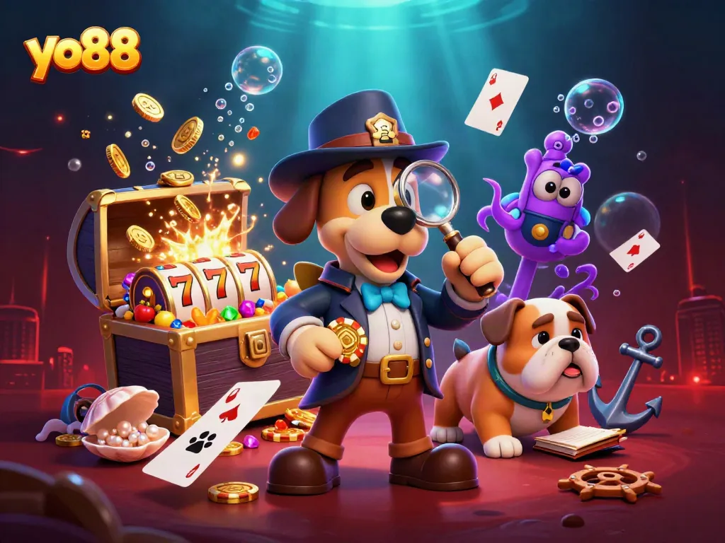 Engage with the thrill of yo88 as a detective uncovers gaming treasure surrounded by slot reels.