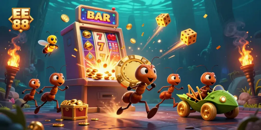 Experience the thrill of EE 88 with a 3D heist scene featuring vibrant casino elements and cartoon characters.