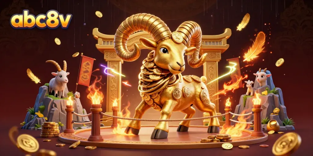 Experience the excitement of abc8v with a spectacular 3D scene featuring a golden ram charging through a lavish casino gate.