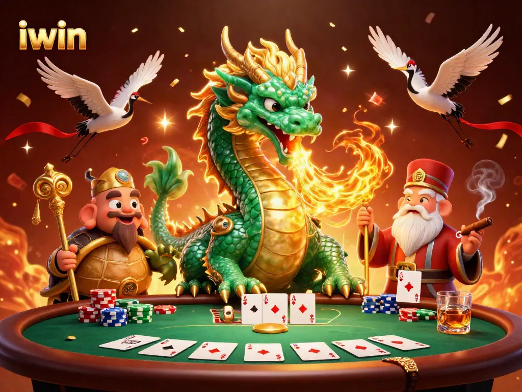 Experience iwin's thrilling atmosphere with a jade dragon and lucky symbols at the casino.