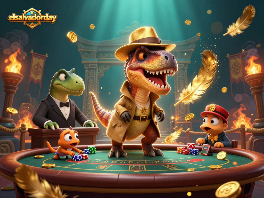 Play cards with style at elsalvadorday featuring a velociraptor card counter amidst a thrilling casino scene.