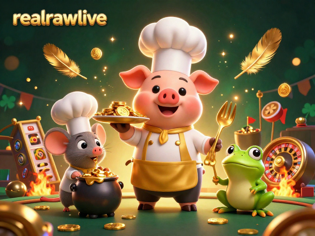 realrawlive showcases a lively casino scene with a chef pig and a tasting mouse amidst gold coins.