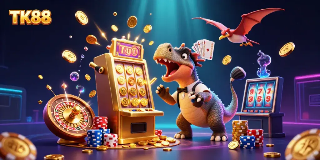 Experience the excitement of TK88 with a cartoon dinosaur headbutting a slot machine, winning jackpot coins.