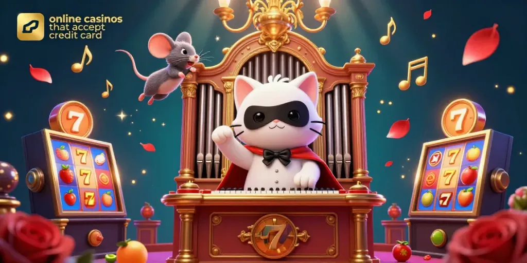 Engage with online casinos that accept credit card in this vibrant 3D casino scene featuring a whimsical cat and acrobat.